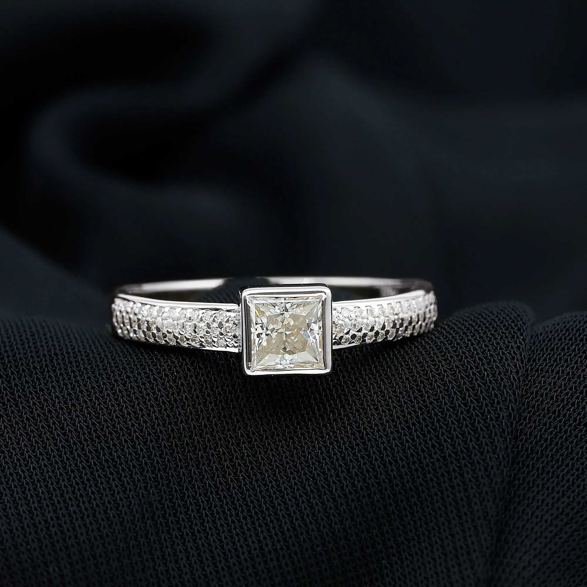 Princess Cut Moissanite Solitaire Engagement Ring in Bezel Setting