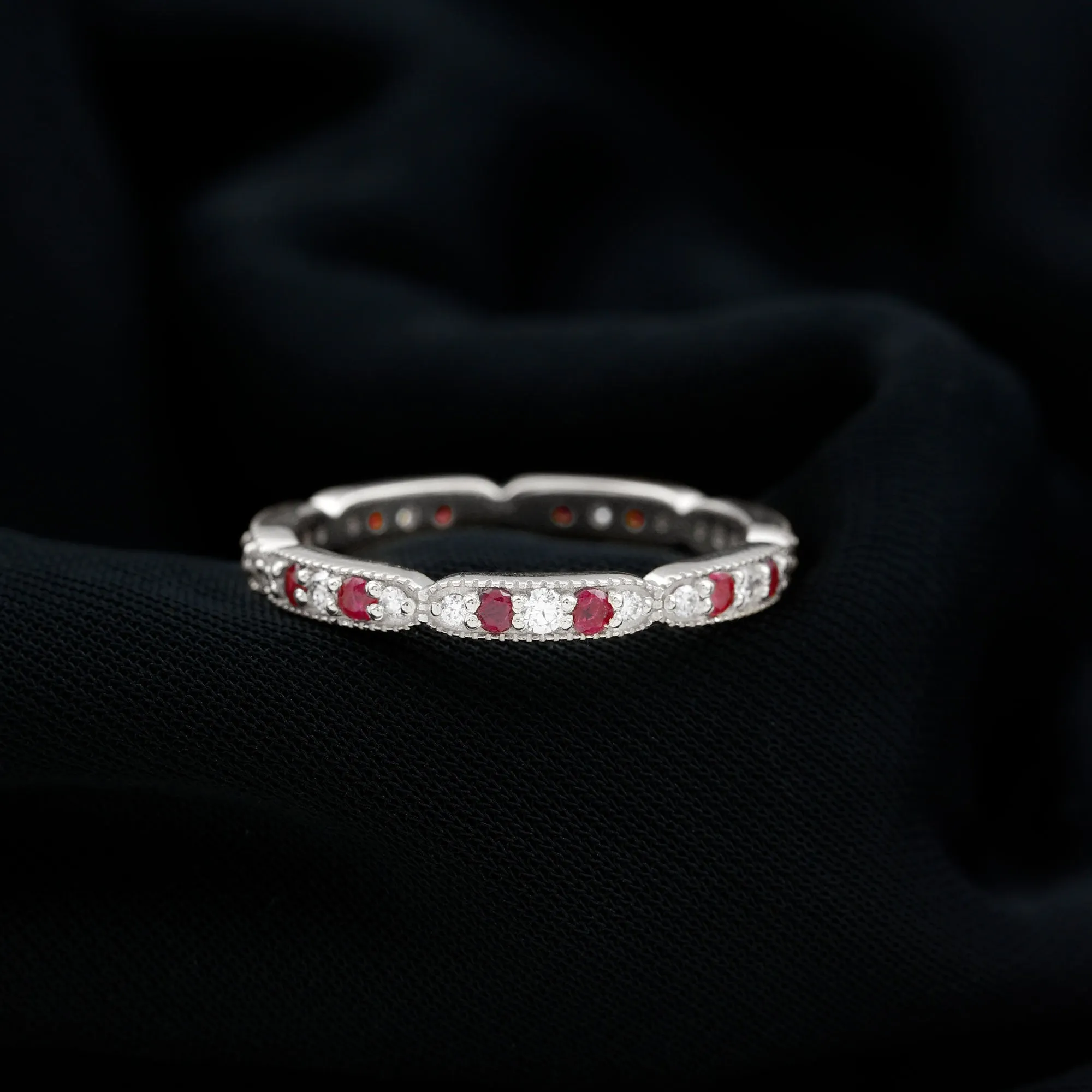 Ruby and Diamond Band Ring with Milgrain Details