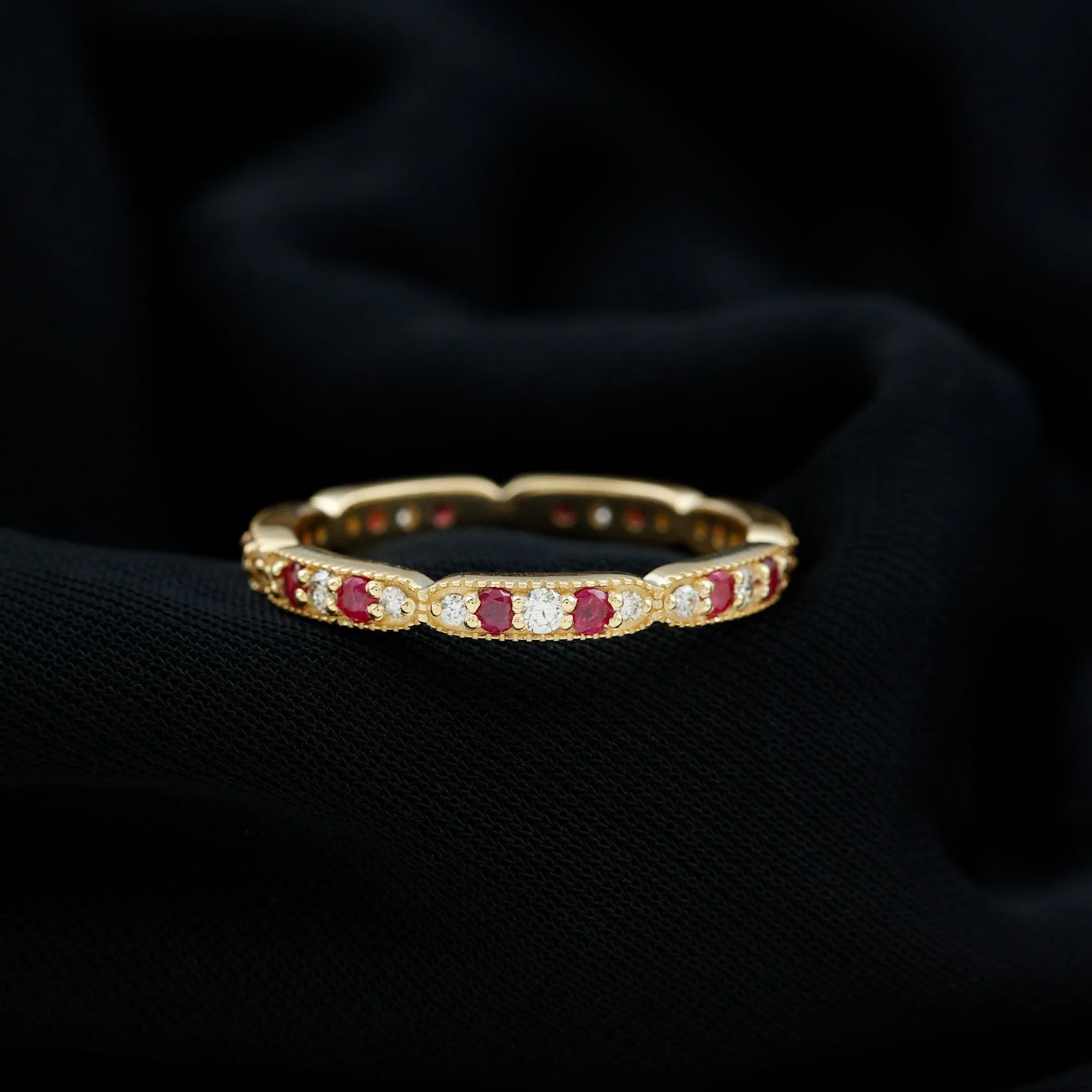 Ruby and Diamond Band Ring with Milgrain Details