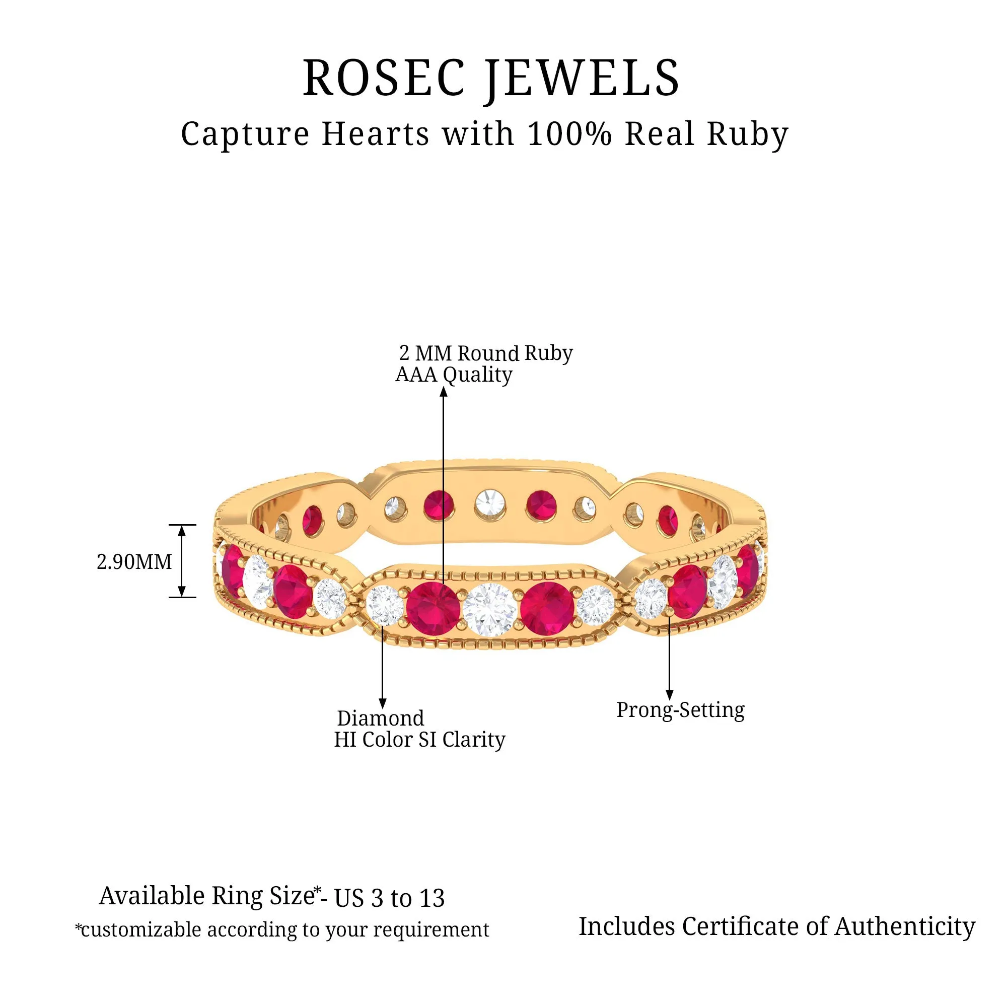 Ruby and Diamond Band Ring with Milgrain Details