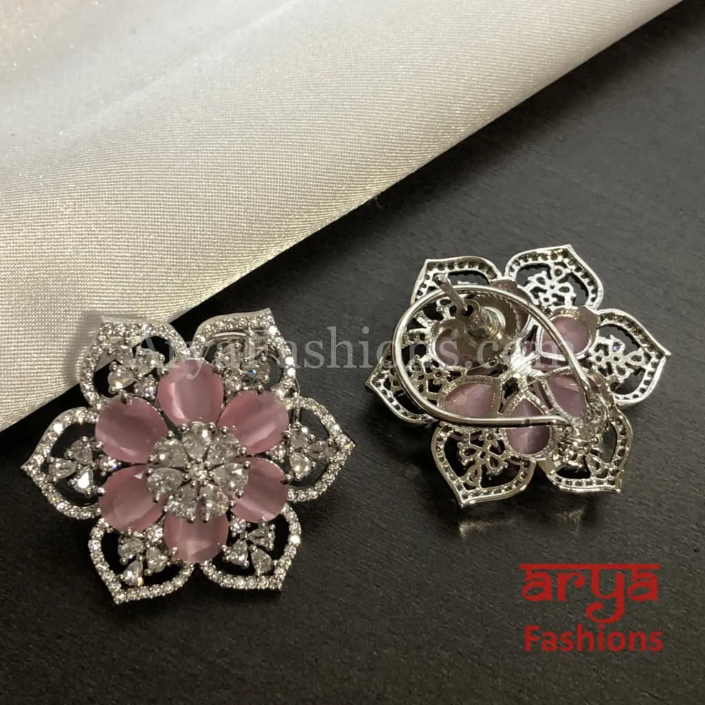 Star Shaped Silver Cubic Zirconia Round Studs with Blue Stones