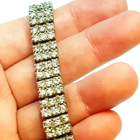Vintage silver bracelet with zircons for women, circa 1970, antique jewelry.